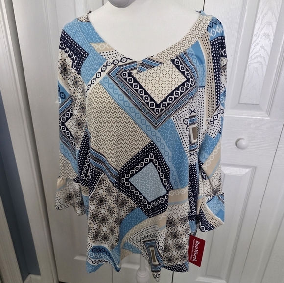 BonWorth Tops - BonWorth Blue and Beige Patterned Blouse